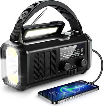 No Brand Radio Solar De Emergencia Con Manivela, Receptor Con Bater&iacute;a Recargable De 10000 Mah, Linterna, Luz De Lectura, Br&uacute;jula Y Funci&oacute;n Sos. Color Negro