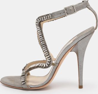 Jimmy Choo London Metallic Grey Textured Suede Crystal Embellished Angel Sandals