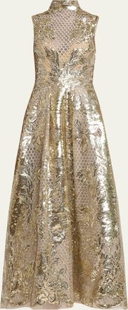 Elie Saab Mock-Neck Sequined Tulle Sleeveless Midi Dress
