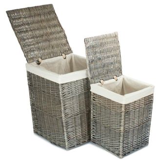 Red Hamper Set of 2 Cotton Lined Wicker Laundry Basket in Brown