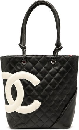 Chanel Black White Leather Handbag Tote Bag (Pre-Owned)