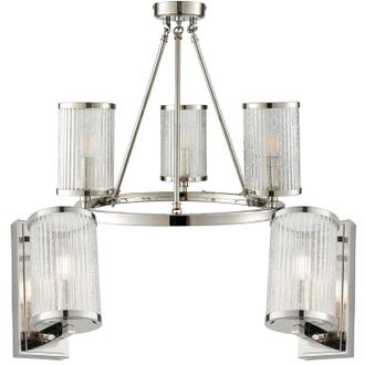Loops 3 Lamp Ceiling & 2x Matching Wall Light Pack Bright Nickel & Ribbed Glass Shade in Metallics
