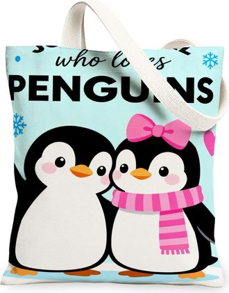 Generic Cute Penguin Canvas Tote Bags, Adorable Animal Print Reusable Grocery Bags, Winter Holiday Lightweight Washable Shoulder St, Light Blue, 13x15 Inch