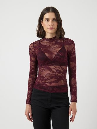 Y.A.S Langarmshirt Y.A.S YASLACEY LS LACE TOP S. NOOS, Damen, Gr. XS, rot (port royale), Jersey, Obermaterial: 95% Nylon, 5% Elasthan, unifarben, slim fit n