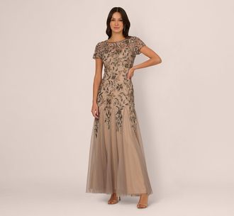 Adrianna Papell Hand Beaded Short Sleeve Floral Godet Gown In Mercury Nude