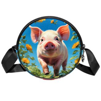 Generic Circle Crossbody Bag for Women, Pig Flower Small Sling Bag Daypack with Zipper Adjustable Shoulder Straps Casual Ladies Girls Round Purse