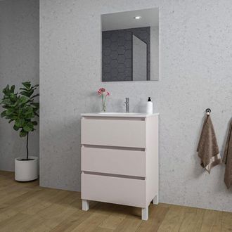 Saniclass Chaci PLUS Badkamermeubelset - 60x86x46cm - keramische wastafel wit - 1 ovale wasbak - 1 kraangat - 3 lades - rechthoekige spiegel - mat cotton (beige