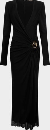 Roberto Cavalli Plunging Draped Crepe Jersey Long-Sleeve Gown