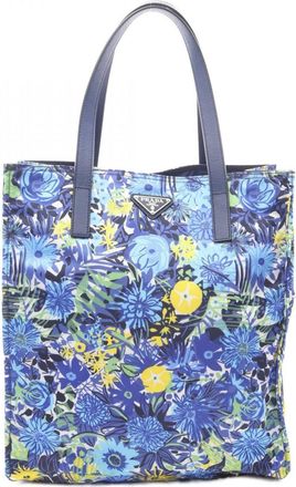 Prada Blue Multi-Color Tessuto Stampato Handbag Tote Bag (Pre-Owned)
