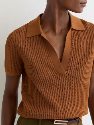 Reiss Rust Orange Open-stitch Knitted Polo Top, XL