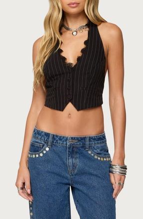 Edikted Devon Lace Trim Pinstripe Halter Vest in Black at Nordstrom, Size X-Small