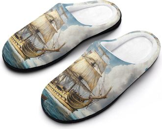 Generic Beach Sea Sailing Boat Womens Slippers Warm House Slippers Indoor House Shoes with Anti-Skid Rubber Sole