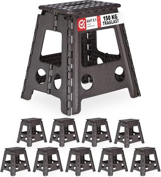 Relaxdays Set of 10 Relaxdays Folding Stools xl, Portable, Large Bathroom Step Stool, For up to 120 kg, Plastic, 39.5cm, Dark Grey