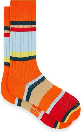 Paul Smith Stripe Rib Cotton Blend Dress Socks in 16_Orange at Nordstrom