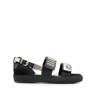 Toga Archives Flat Sandals, female, Black, Size: 10 US Black Leather Embossed Strap Sandals