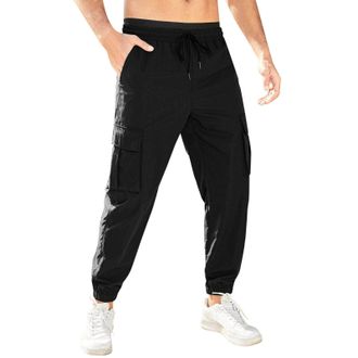 Generic Mens Cargo Trousers Casual Jogger Work Pants Regular Fit Drawstring Sports Sweatpants Bottoms with Pockets (S) Black
