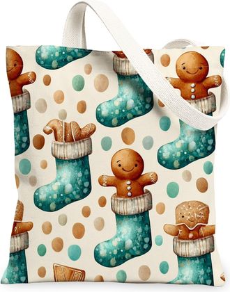 Generic Gingerbread Canvas Tote Bags, Holiday Stocking Pattern Reusable Bags, Cute Lightweight Washable Shoulder Strap Canvas for Grocery Travel Picnic 13x15 
