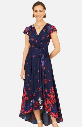 Yumi Floral Mirror Dip Hem Wrap Dress in Navy at Nordstrom, Size 14