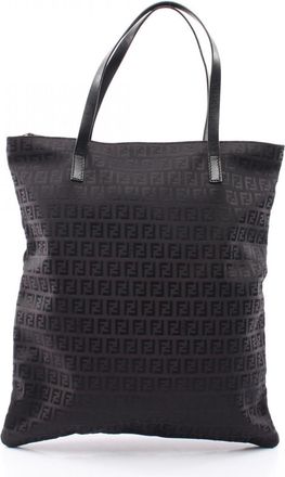 Fendi Zucchino Black Canvas Leather Handbag Tote Bag (Pre-Owned)