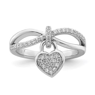 Diamond2Deal Sterling Silver Rhodium-plated Cubic Zirconia Heart Dangle Ring