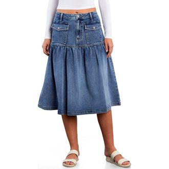 Wash Lab Denim Petal Flounce Denim Midi Skirt at Nordstrom, Size 32