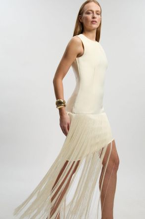 Karen Millen Womens Petite Figure Form Bandage Tassel Hem Knitted Dress - White - Size 14 UK