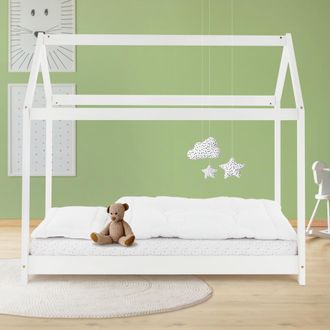 ML Design Ml-design Cama Infantil Casa Blanca 80x160 Cm De Madera De Pino Con Techo Y Somier Estructura De Listones, Cuna De Suelo Maciza En Forma De Casita, Le