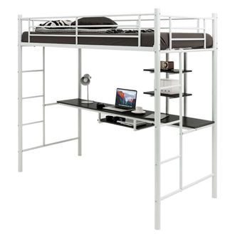 Costway Costway 3.5FT Single Metal Loft Bed Frame High Sleeper Bunk Bed W/ Desk Storage Shelves in White