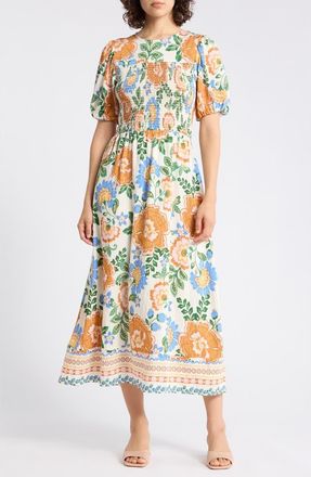 Ellen Tracy Floral Puff Sleeve Smocked A-Line Midi Dress in Marshmallow Summer Blooms at Nordstrom Rack, Size X-Small