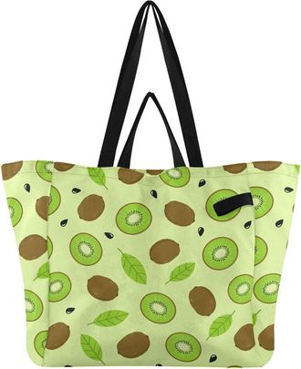 Generic Fruit Kiwi Leaf Yellow pattern Reusable Canvas Tote Bag, Heavy Duty Grocery Shopping Bag with Large Capacity Double Handles Hard Bottom Work Groceries