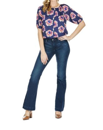 Jade Yoga Annabella Button Peasant Blouse In Navy Rose