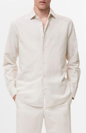 Mango Regular Fit Cotton & Linen Button-Up Shirt in Off White at Nordstrom, Size Small