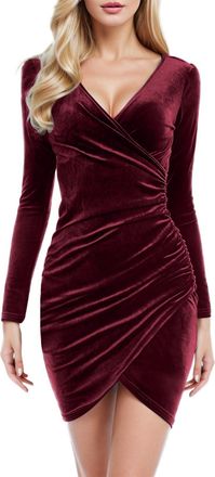 Generic Womens Wrap Dress Long Sleeve Velvet Evening Midi Womens Velvet Wrap V Neck Ruched Mini Dress Elegant Bodycon Cocktail for Cocktail Holiday Evening Pa