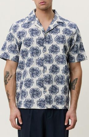 Les Deux Dahlia Floral Jacquard Cotton & Linen Blend Camp Shirt in Dark Denim Blue at Nordstrom, Size Xx-Large
