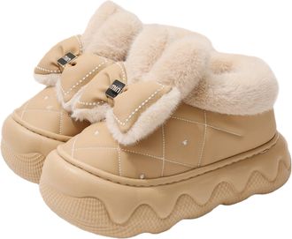 Generic Womens Winter Slippers,Platform Height-Increasing Slippers, Winter Warm Bow-Tie Home & Outdoor Slippers (Khaki, Shoe Size, Adult, Women, 4, Numeric Ra