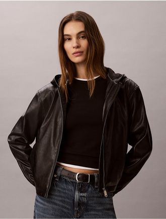 Calvin Klein Jeans Calvin Klein Womens Faux Leather Hooded Jacket - Black - XL