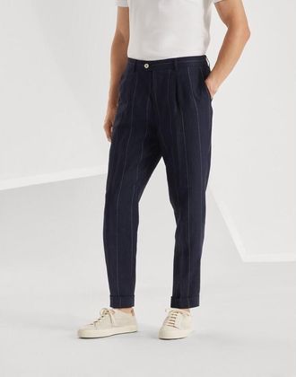 Brunello Cucinelli Navy Linen Tapered Trousers, Brand Size 50 (US Size 34)