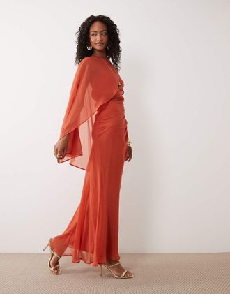 Asos Vestito lungo monospalla asimmetrico con maniche a pipistrello e drappeggio arancione
