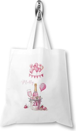 Generic Personalised White Polyester Tote Shopping Bag - 21st Birthday Designs Gift For Daughter Granddaughter Girls (Pink Balloons, Print On Both Sides)