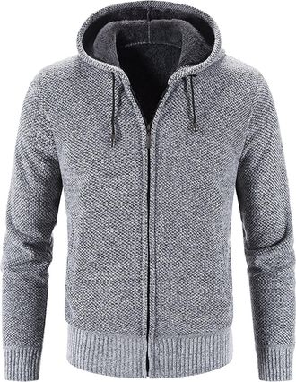 Generic Mens Thick Knitted Hoodie Jacket, Full-Zip Winter Sweater, Warm Hooded Cardigan, Fleece Lined Heavy Knitwear, Casual Outdoor Zip-Up Coat, Soft Thermal