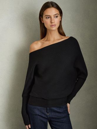 Reiss Black Asymmetric Draped Knitted Jumper, M