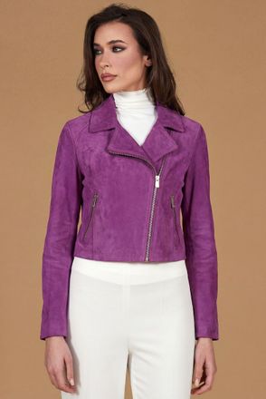 D'Arienzo Giacca corta in pelle camoscio glicine stile chiodo DArienzo, Seleziona Taglia M, Colore Viola