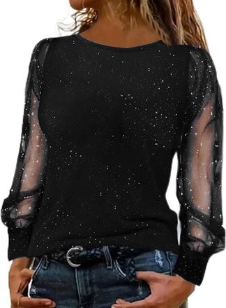 Generic Womens Sparkly Tops See Sheer Long Sleeve Sequin Tops Jumpers Sexy Plain Crew Neck T Shirts Sweatshirts Loose Casual Blouse Dressy Tunic Shirt for Wom