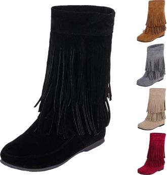 Generic Womens Cowboys Boots Fringe Cowboy Boots For Women Chunky Sole Tassel Boot Western Country Booties Mid High Suede Bootie For Ladies Mid Wide Calf Cowg