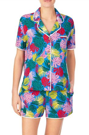 Kensie Notched Collar Front Patch Pocket Short Sleeve Sleep Pajama Shirt In Palm Leaves