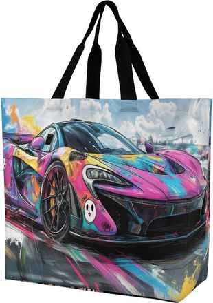 Generic Graffiti Art Racing Car Tote Bag Reusable Grocery Shopping Bags Large Travel One Shoulder Handbag for Picnic Work