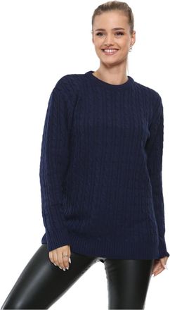 Janisramone Cable Knit Jumper Women, Long Sleeves Jumpers for Women UK, Knitted Crew Neck Jumper Women, Solid Color Chunky Jumpers for Women UK Size 8-26 Navy