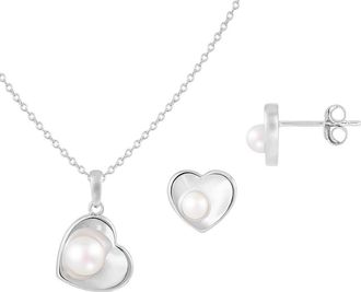 Splendid Pearls 7-7.5mm Cultured Freshwater Pearl Heart Stud Earrings & Necklace Set in White at Nordstrom Rack