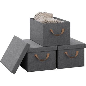 Woltu Juego De 3 Cajas De Almacenamiento Cesta De Almacenamiento Plegable Con Asas De Tela Gris 27l - Woltu
