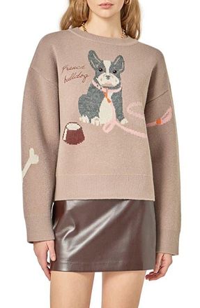 English Factory Embroidered French Bulldog Intarsia Sweater in Taupe Multi at Nordstrom, Size X-Small